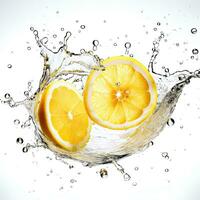 Fresh lemon in water splash on white backround. Juicy fruit. Generative AI photo