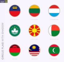 Circle flag with shadow, collection of nine round flag. Vector flags of 9 countries.