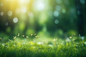 Spring nature background. Green grass flowers field with bokeh. photo