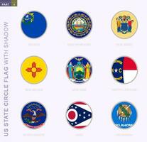 US state circle flag with shadow, collection of nine round flag. Vector flags of 9 US state.