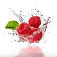 Fresh raspberry in water splash on white backround. Juicy fruit. Generative AI photo