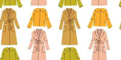 Seamless pattern with hand drawn colorful female overcoats on white background in flat style. For background, packaging, textile vector