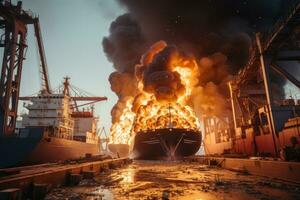 fire in the seaport burning ship, cargo ship with grain after the explosion generative ai photo