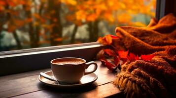 warm autumn day with a cup of coffee generative ai photo