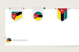 Label flag collection of Mozambique in different shape. Ribbon flag template of Mozambique vector