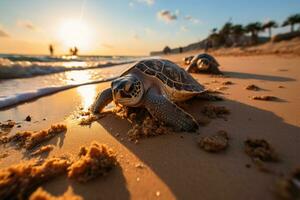 Beach with hatching sea turtles photo