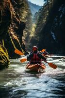 Kayakers navigating river rapids photo