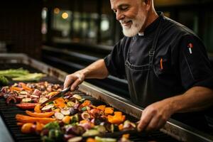 Chef grilling meats and vegetables photo