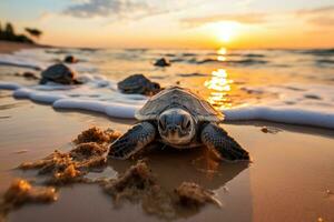 Beach with hatching sea turtles photo