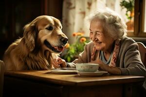 Grandmother feeding family pet photo