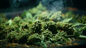 dry green cannabis buds in smoke generative ai photo