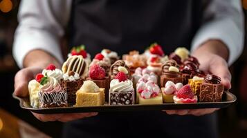 close-up of the waiter's hands holding a tray with assorted desserts generative ai photo
