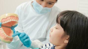 Asian female pediatric dentist demonstrate toothbrush to little girl with teeth model in dental clinic, well-being hygiene, and professional orthodontic healthcare work in kid hospital. photo