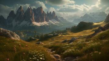 dramatic landscape beauty of Dolomites mountain range in Italy. ai generative photo