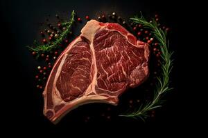 T-bone steak from raw beef. Fine and organic meat products. Still life of a raw thick rib on a black background from above.ai generative photo