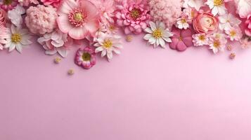 Banner with a frame of pink flowers on a pink background. Spring composition with copyright.ai generative photo