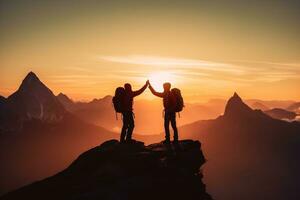 lado ver de un silueta de masculino amigos dando alto cinco en un montaña cima. concepto de trabajo en equipo y la carretera a éxito. ai generativo foto