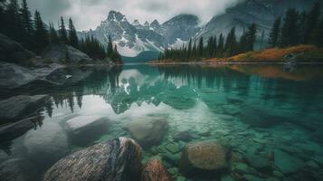 Panorama of a lake in Banff National Park, Alberta, Canada. ai generative photo