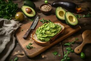 healthy breakfast toast with avocado on a wooden board. healthy eating and veganism. ai generative photo