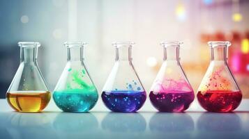 Glass flask with different colors in research chemistry science banner laboratory background.ai generative photo