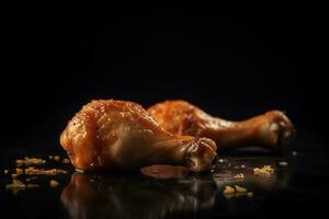 Fried chicken leg on a black background. ai generative photo