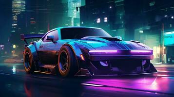 Futuristic sports car with retro design on a night city street with neon glowing lights. Cyberpunk background.ai generative photo