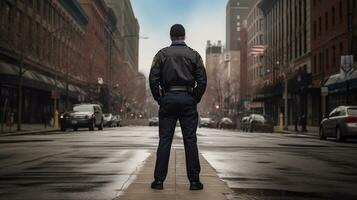 a policeman stands in the middle of the street. back view. ai generative photo