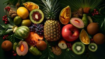 Tropical paradise. fresh colorful fruits, pineapple, orange, grapes, coconut. summer background. ai generative photo