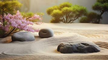 Japanese ZEN garden with stone in sand.ai generative photo
