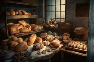 bakery with bread and buns on the counters. ai generative photo