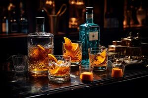 Cocktail party, alcohol drinks with gin, whiskey, vermouth and liquor, black bar counter background, nightlife atmosphere. photo