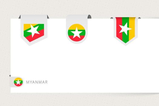 Label flag collection of Myanmar in different shape. Ribbon flag template of Myanmar vector