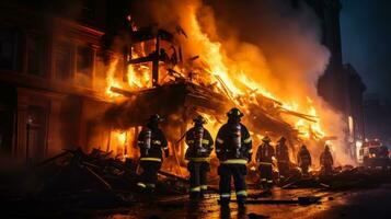 bomberos molesto a poner fuera un ardiente edificio generativo ai foto