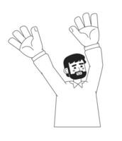 Man raising hands up monochromatic flat vector character. Cheerful caucasian boy. Editable thin line half body person on white. Simple bw cartoon spot image for web graphic design