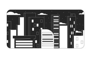City residential buildings black and white chill lo fi background. Skyscraper. Starry night linear 2D vector cartoon cityscape illustration, monochromatic lofi wallpaper desktop. Bw 90s retro art