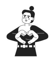 Hands gesture monochromatic flat vector character. Cute woman showing heart sign. Share love. Smiling. Editable thin line half body person on white. Simple bw cartoon spot image for web graphic design