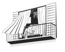 Person relaxing bw concept vector spot illustration. Balcony view. Wind blow curtains. 2D cartoon flat line monochromatic character for web UI design. Editable isolated outline hero image