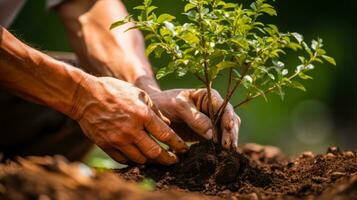 jardinero plantando pequeño arboles en el suelo generativo ai foto