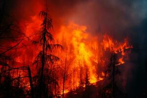 fuego la seguridad en el bosque, naranja llamas envuelto el arboles generativo ai foto