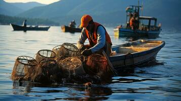 hombre en un barco con red pescado trampas generativo ai foto