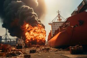 burning cargo ship with containers in the seaport generative ai photo