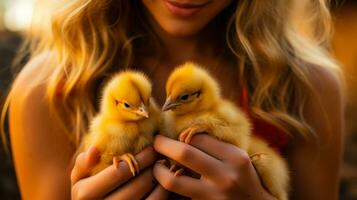 yellow chicks in female hands small birds generative ai photo