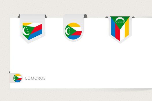 Label flag collection of Comoros in different shape. Ribbon flag template of Comoros vector