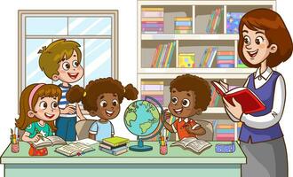 Vector illustration of little cute multicultural students and their teacher teaching together