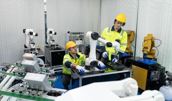 dos masculino automatización máquina ingeniero estudiantes estudiando formación programable lógica controlador técnico industrial ingeniero controlar robótica con supervisión sistema software, automatización robot brazo. foto