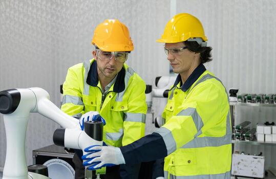 dos masculino automatización máquina ingeniero estudiantes estudiando formación programable lógica controlador técnico industrial ingeniero controlar robótica con supervisión sistema software, automatización robot brazo. foto
