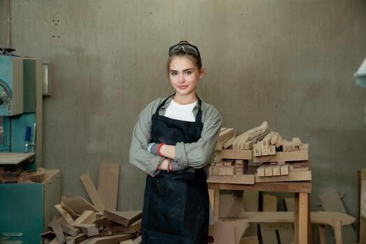 Hardworking carpenter woman using tools smiling confidently young female joiner in apron standing near workbench and looking at camera friendly while working in the craft workshop photo