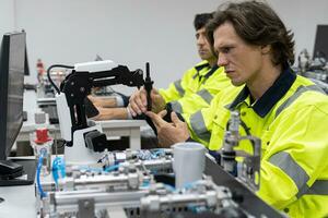 dos masculino automatización máquina ingeniero estudiantes estudiando formación programable lógica controlador técnico industrial ingeniero controlar robótica con supervisión sistema software, automatización robot brazo. foto