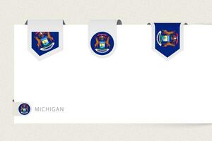 Label flag collection of US state Michigan in different shape. Ribbon flag template of Michigan vector