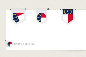 Label flag collection of US state North Carolina in different shape. Ribbon flag template of North Carolina vector